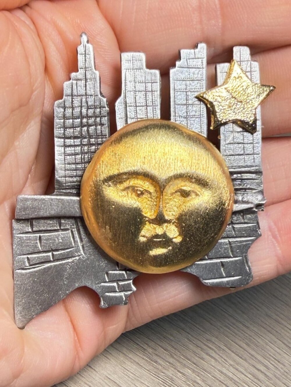Ultra Craft Vintage Cityscape Moon Brooch Upcycled Star Skyline Pin